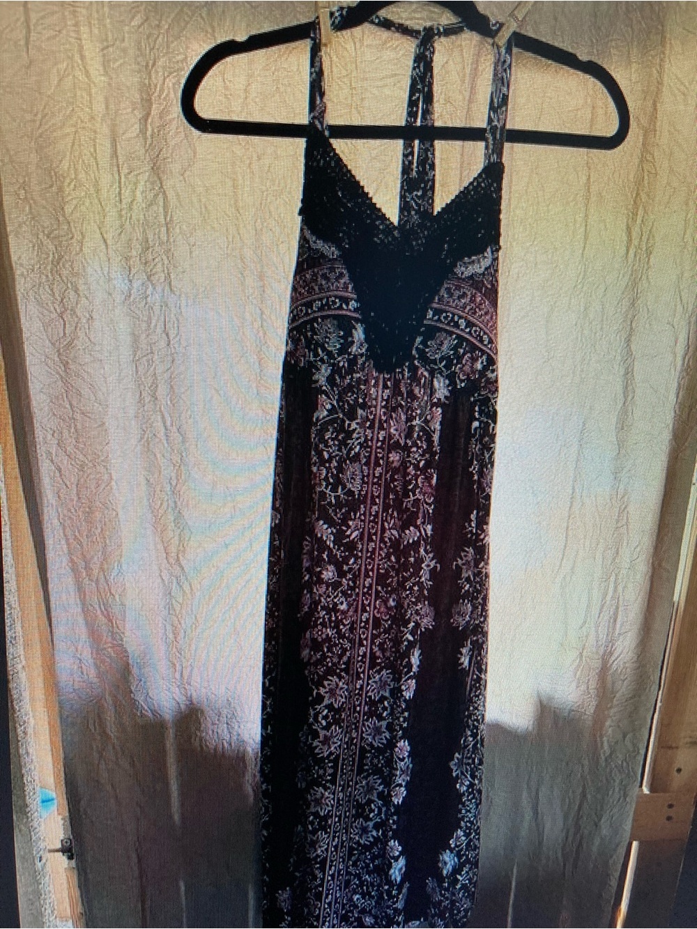 Boho Floral Lace-Trim Halter Maxi Chemise in Burgundy